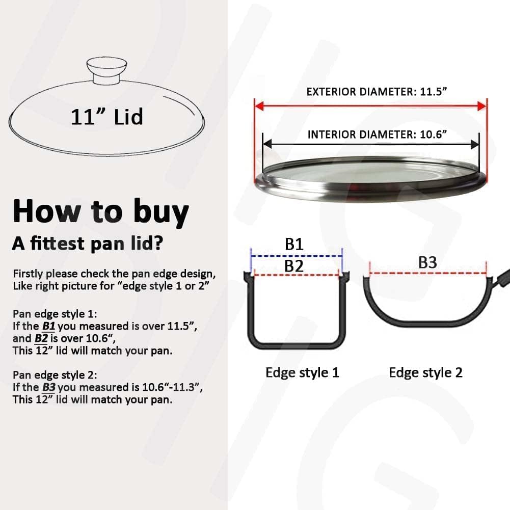 11 In Glass Lid for Frying Pan, Tempered Replacement Cover Compatible with All 11" Cookware for Skillets, Round Cast Iron, Cast Aluminium, Stainless Steel Pans &Pots, 10.8in/ 276mm - 11.2in/292mm