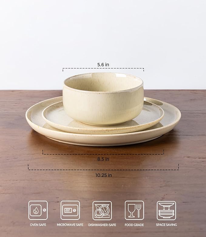 TheTerra Ceramic Dinnerware Sets for 4, 12 Pieces Handmade Reactive Glaze Plates and Bowls Set, Scratch Resistant Dish Set, Oven & Microwave & Dishwasher Safe, Cappuccino