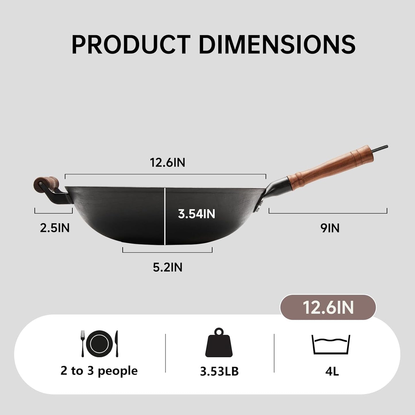 WANGYUANJI 12.6 Inch Cast Iron Wok with Glass Lid – Flat Bottom Stir Fry Pan,Handcrafted Iron Cookware for Induction, Gas & Electric Stoves, Black