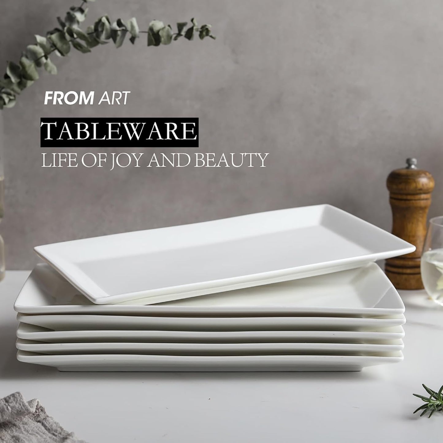 12" Serving Platters Set of 4, White Rectangular Plates, Ceramic Serving Tray, Stackable Large Party Plates for Appetizer, Dessert, Steak, Sushi, Housewarming, Oven Dishwasher Safe