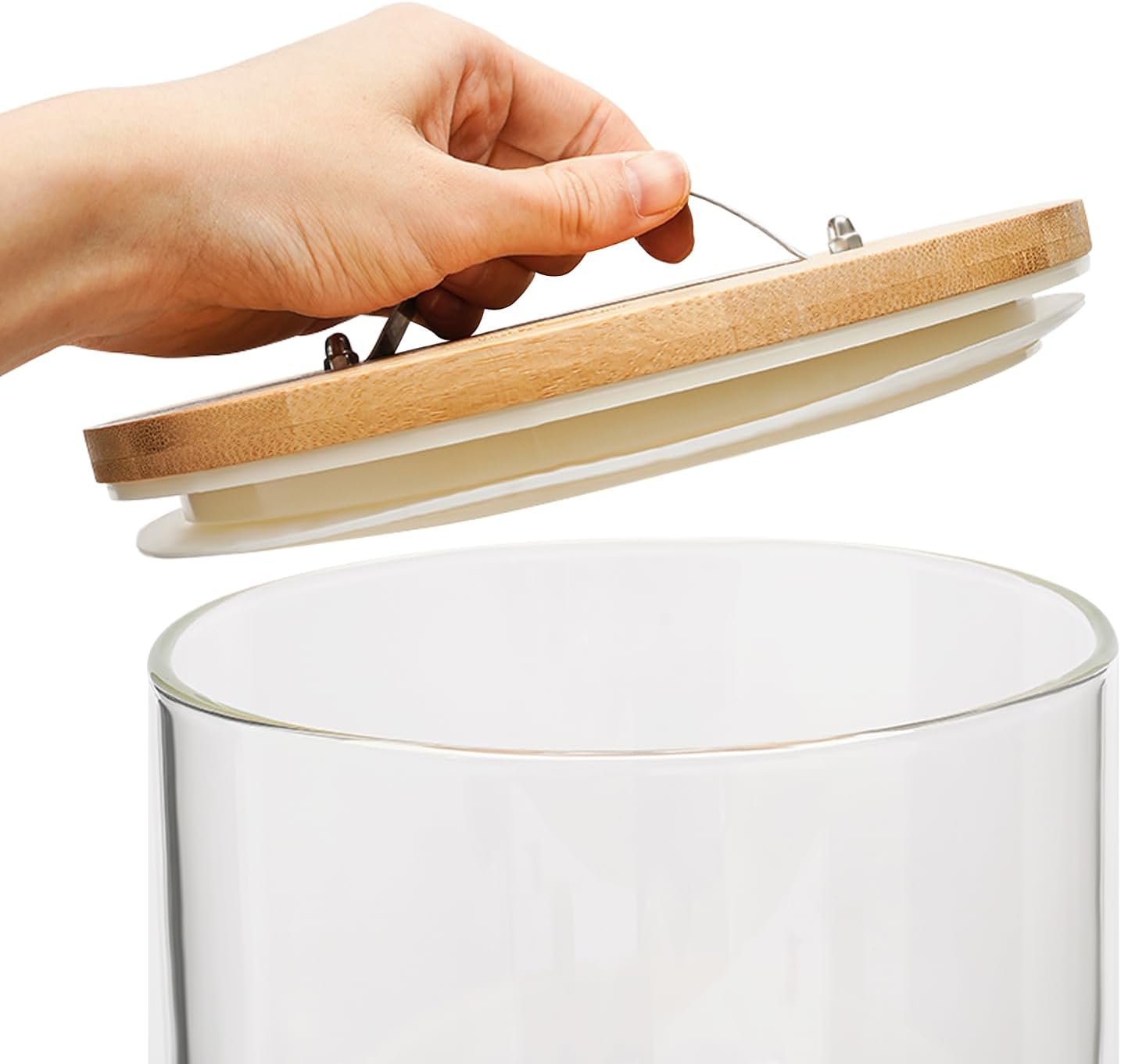 CNCEST Flour and Cereal Container, Glass Rice Dispenser, Countertop Cereal Dispenser with Measuring Cup, Airtight Lid & Wooden Stand for Storing Rice, Flour, Nuts, Coffee Beans (7.5L/1.98Gal)