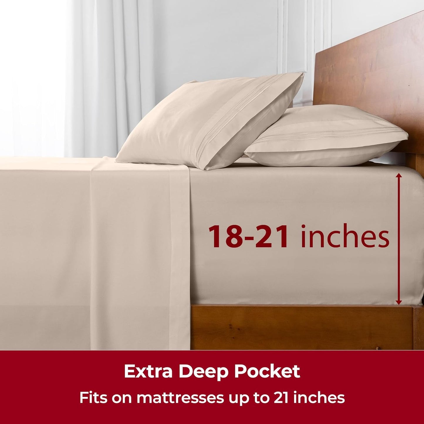 Mellanni Extra Deep Twin Sheets - 3 PC Iconic Collection Bedding - Hotel Luxury, Ultra Soft, Cooling Bed Sheets - Wrinkle, Fade, Stain Resistant (Twin, Beige)