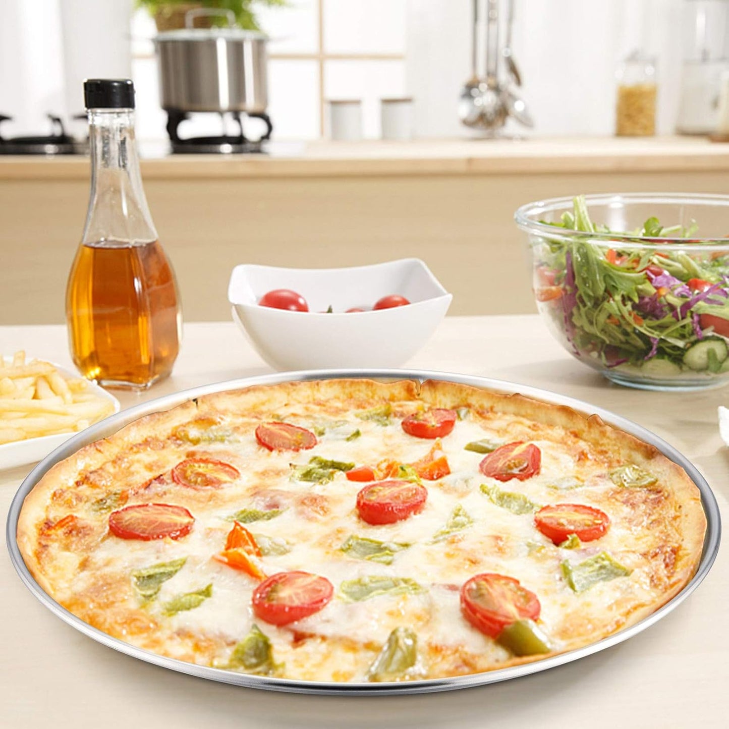 P&P CHEF 13.5 Inch Pizza Pan, 3 Pieces Stainless Steel Round Pizza Tray Dish Plate For Oven Baking Roasting, Healthy & Heavy Duty, Rust Free & Dishwasher Safe -Silver