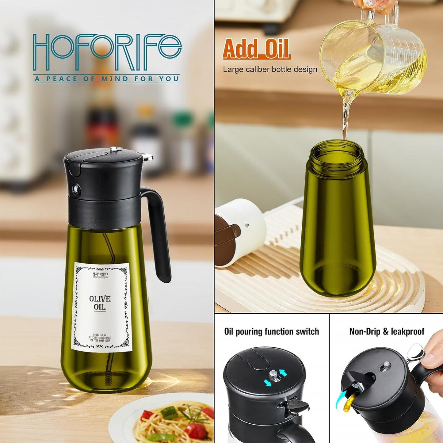 2 PCS Glass Olive Oil Dispenser for Kitchen, 2 In 1 Oil Dispenser Bottle & Oil Sprayer for Cooking, Auto Flip Cap, 17oz Black (Light Blockage)