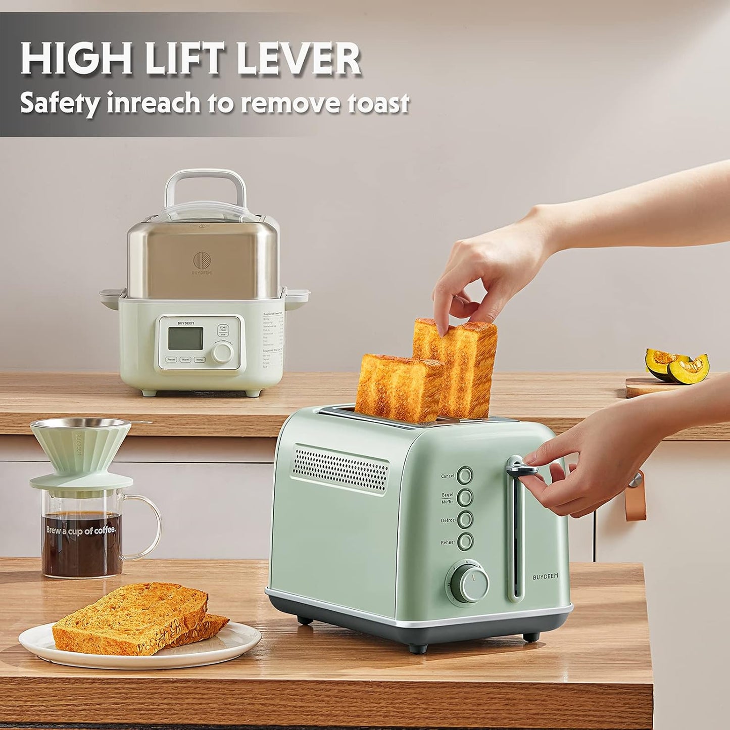 BUYDEEM DT620 2-Slice Toaster, Extra Wide Slots, Retro Stainless Steel with High Lift Lever, Bagel and Muffin Function, Removal Crumb Tray, 7-Shade Settings,Cozy Greenish