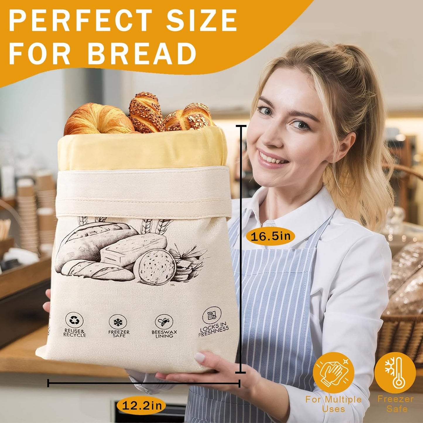 2-Pack Reusable Beeswax Bread Bags for Sourdough & Homemade Bread,Cotton Waxed Bags Keeps Fresh Longer(Azure Petals)