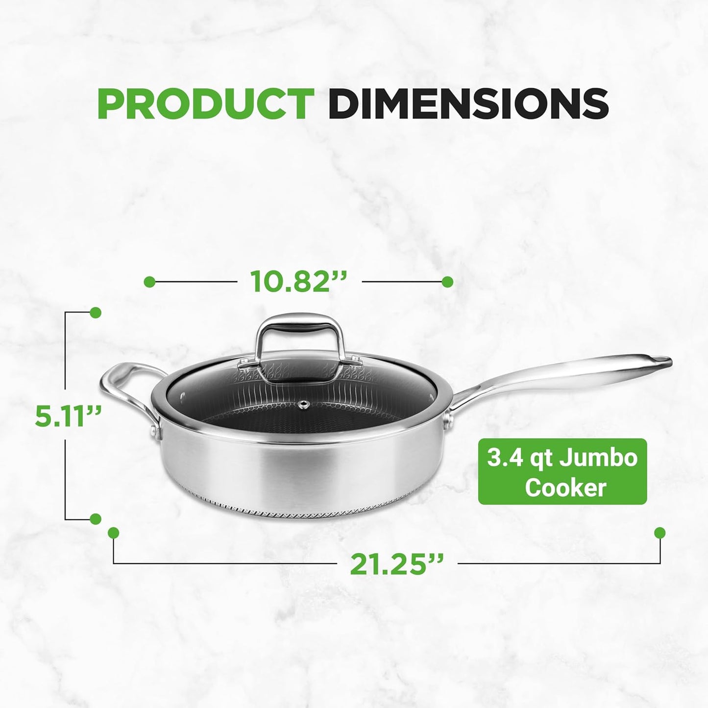 NutriChef 3.4QT Deep Frying Pan with Lid - Stainless Steel Non-Stick Saute Pan, Scratch-Resistant Honeycomb Texture, Oven & Induction Safe Skillet