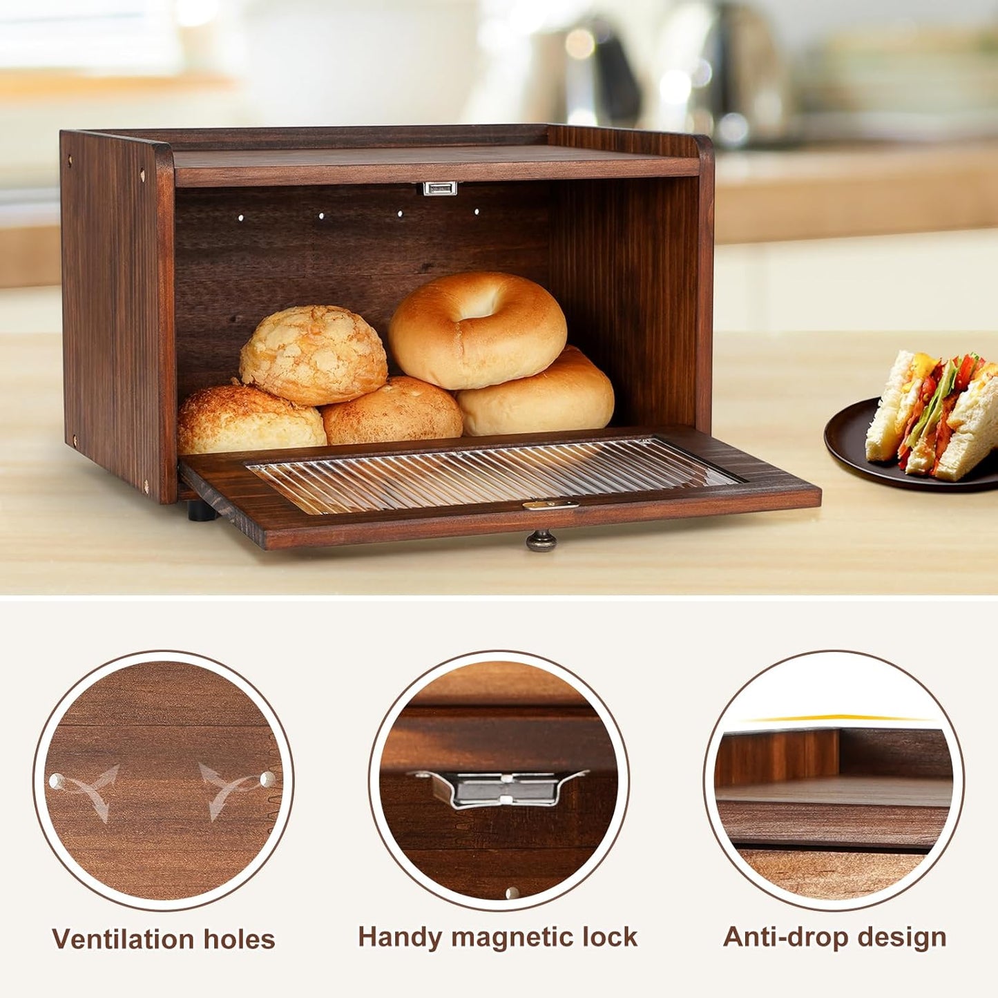 Sunhoo Bread Box for Kitchen Countertop Storage Wooden Breadbox Holder Container Morden Rustic Fresh Bread Keeper Farmhouse Stackable Organizer Bin for Homemade Food Shelf Acrylic Window (Grey)