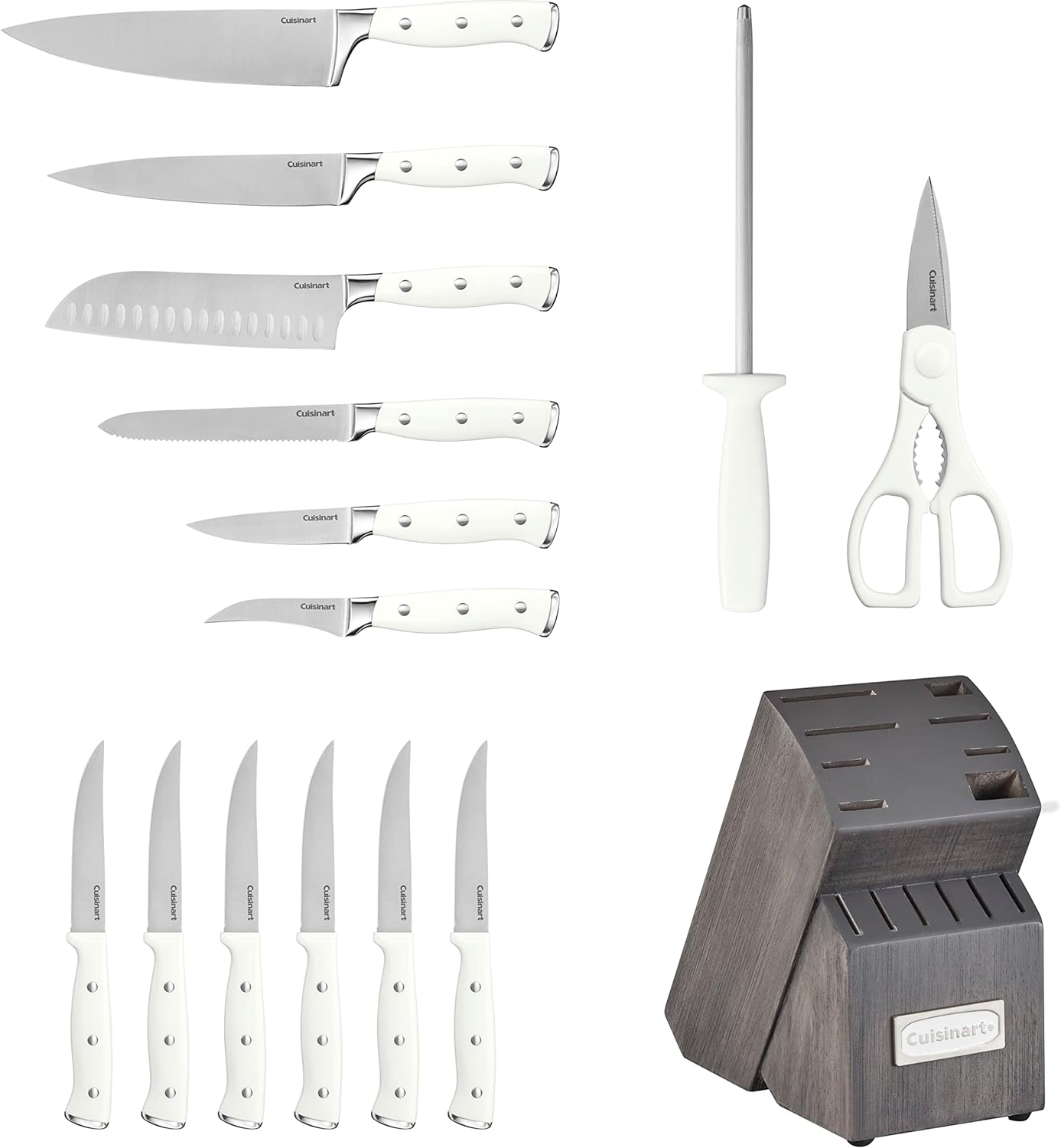Cuisinart 15-Piece Knife Set with Block, High Carbon Stainless Steel, Forged Triple Rivet, White/Charcoal Gray C77WTR-15PCG