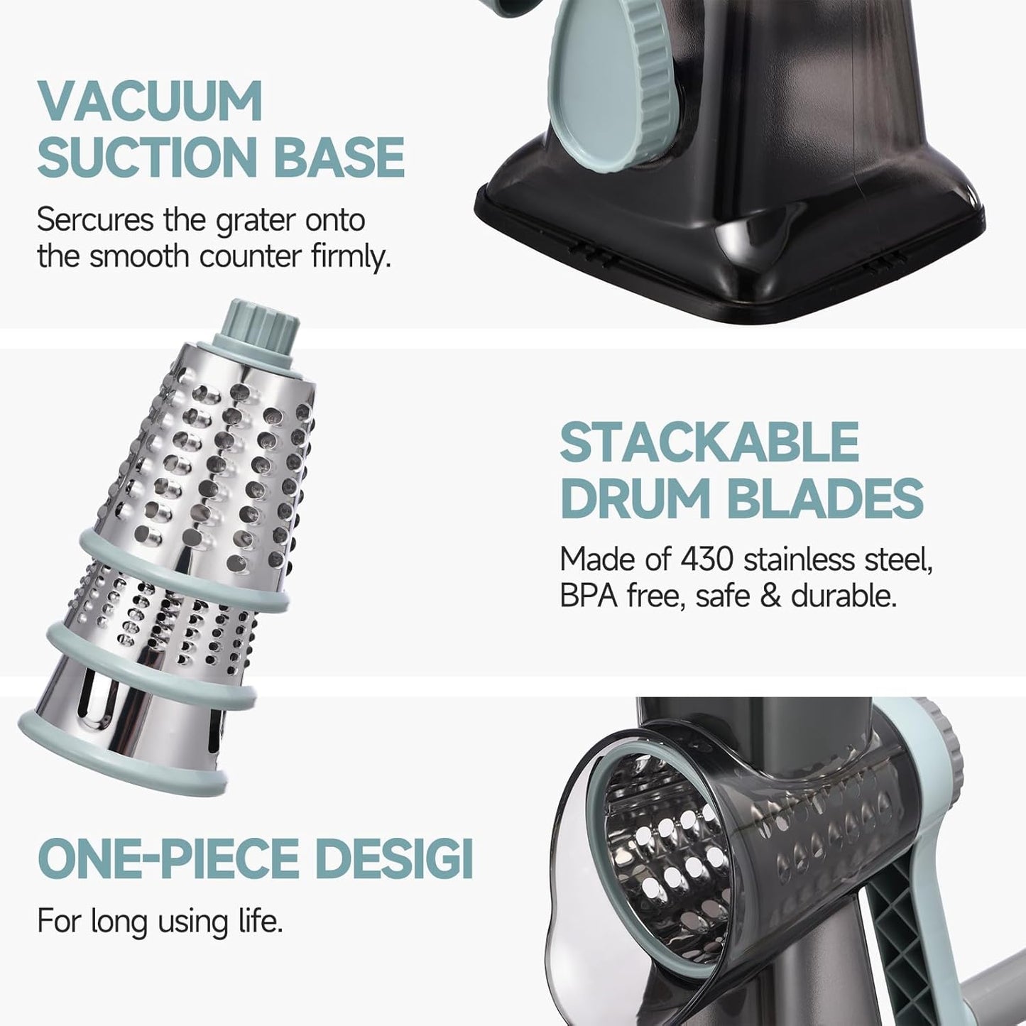 Rotary Cheese Grater Hand Crank Cheese Shredder Vegetable Mandoline Slicer for Kitchen 3 in 1 Changeable Blades for Cheese Potato Nuts Chocolate Ice(GreyBlue)