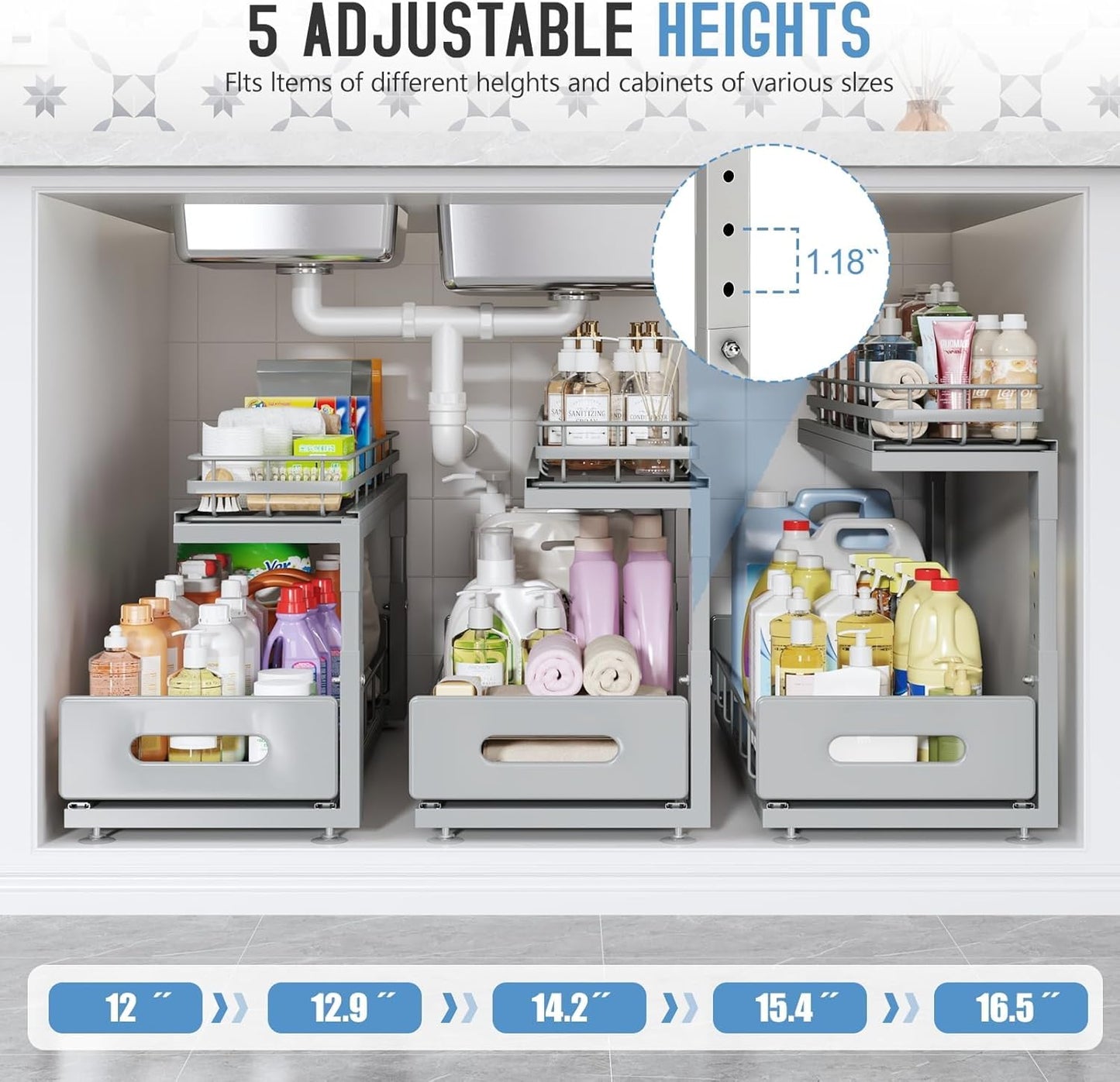 2 Pack 21 in Depth Pull Out Cabinet Storage with Smooth Rails,2-Tier Dual Pull Out Cabinet Storage for Bathroom Kitchen,Under Sink Shelf-Gun Gray