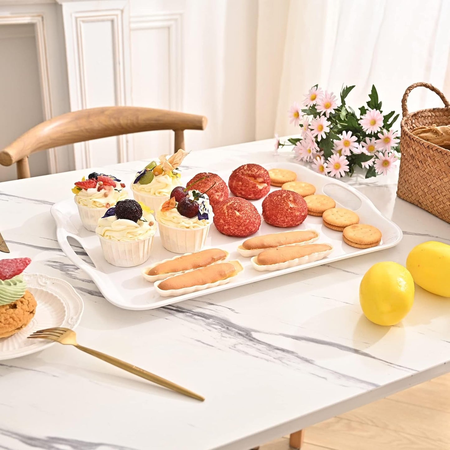 Blue Boat 14" x 10" Serving Trays Set of 2 White, Dinner Tray, Light Weight Easy to Clean Sturdy Stackable Melamine Serving Tray with Handle, Fruit, Snacks, and Desserts Trays