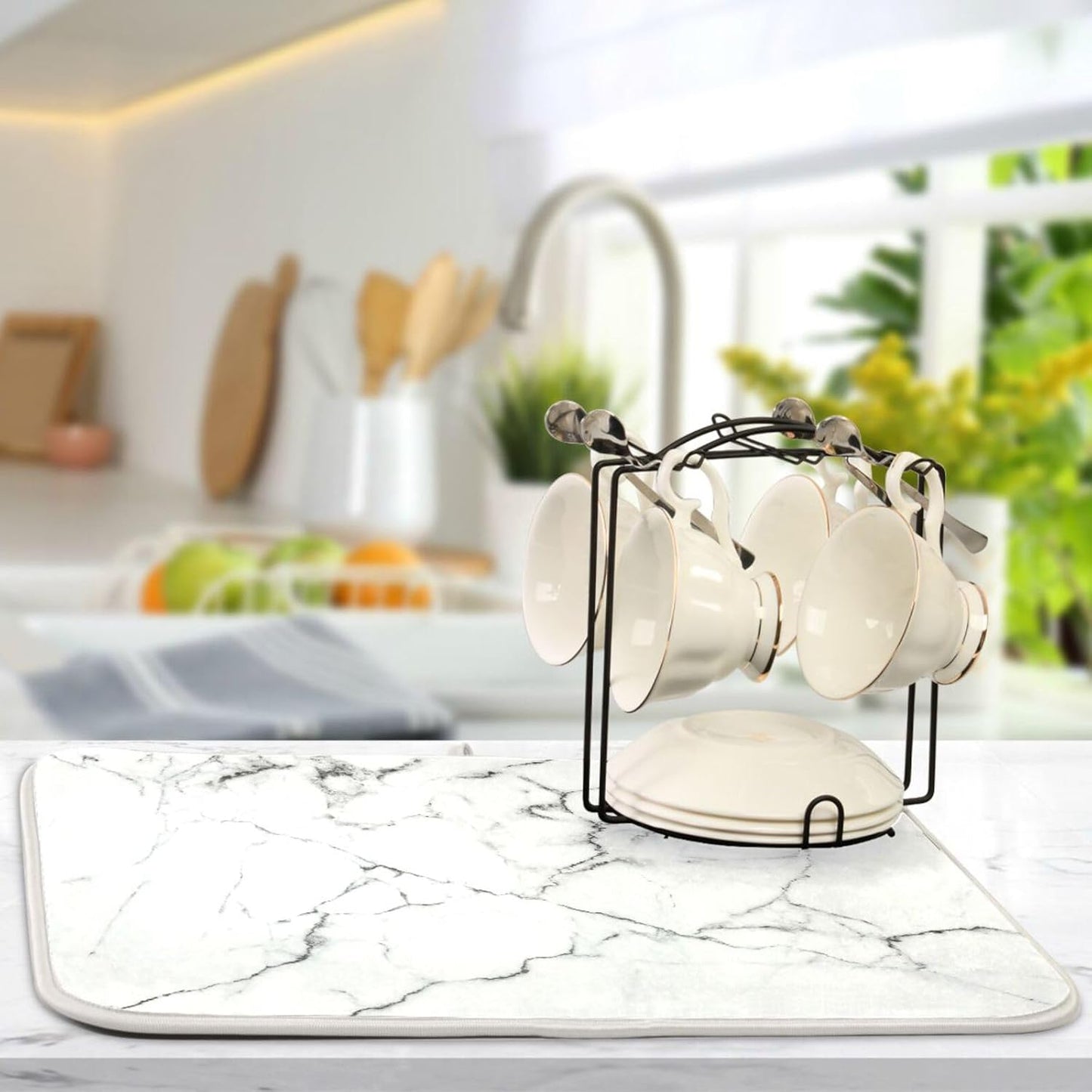 White Grey Marble Dish Drying Mat for Kitchen Counter Absorbent Microfiber Drying Pad, Large 18x24 in, Reversible Drainer Mats