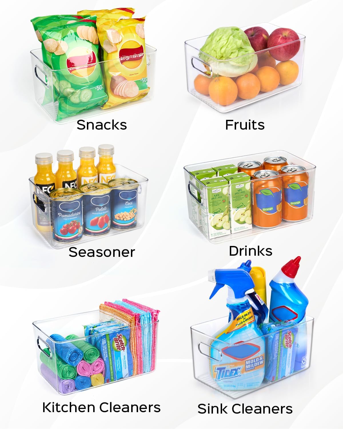 4 PCS Clear Plastic Storage Bins, Refrigerator Organizer Bins with Handles, Pantry Organizer Bins for Food, BPA-Free for Fridge, Freezer, Kitchen, Cabinet, Pantry, 10" Long