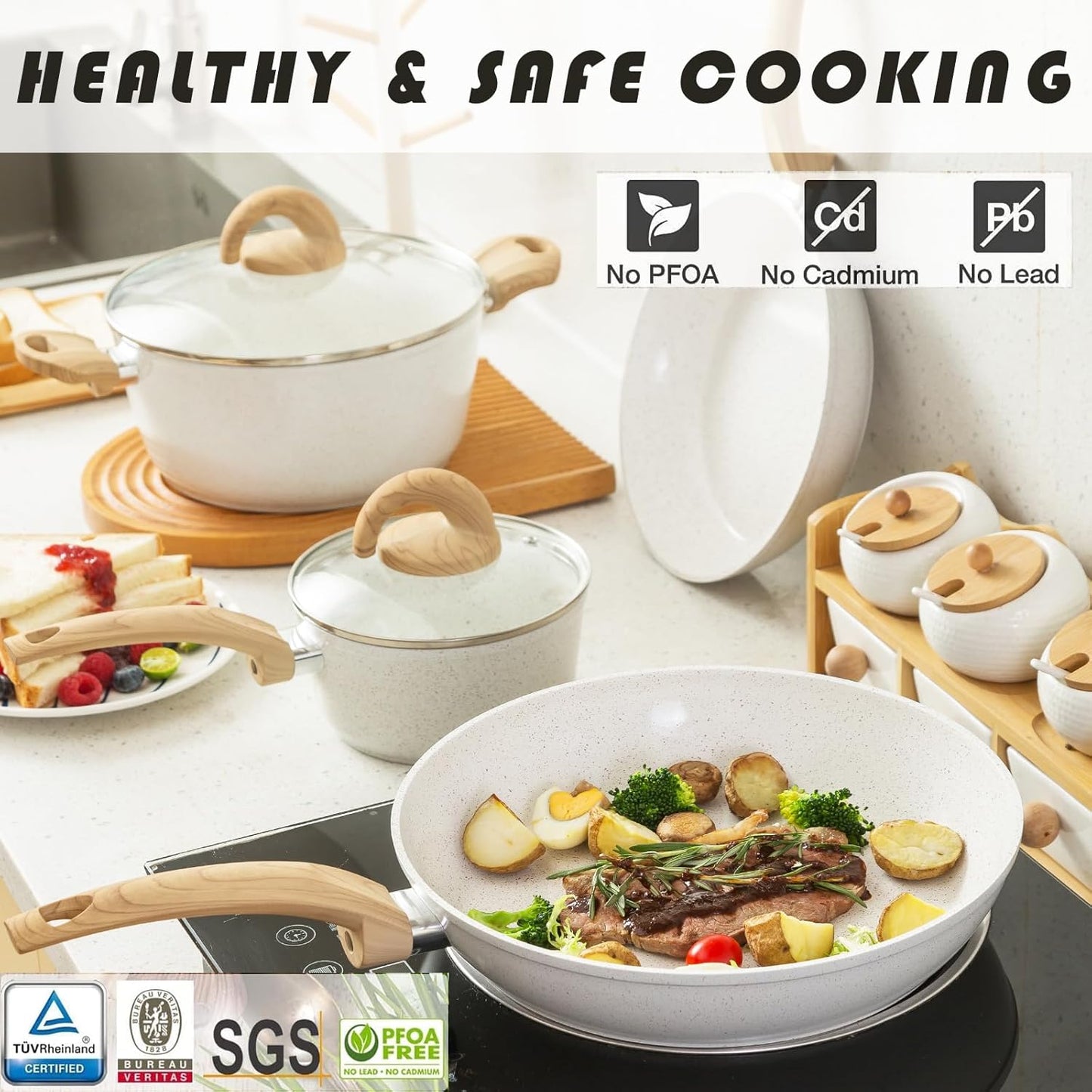 Blue Non Stick Pots and Pans Set, Healthy Ceramic Cookware Set, 12pcs Kitchen Cooking Pots and Frying Sauce Saute Pans Set, PFAS-Free with Kitchen Utensils and Lid