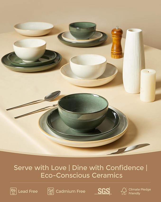 24 Piece Double Bowl Dinnerware Sets with Pasta Bowls, Highly Chip and Crack Resistant Plates and Bowls Sets, Natural Earthyware Ceramic Dishware Sets, Service for 6 Yellow White
