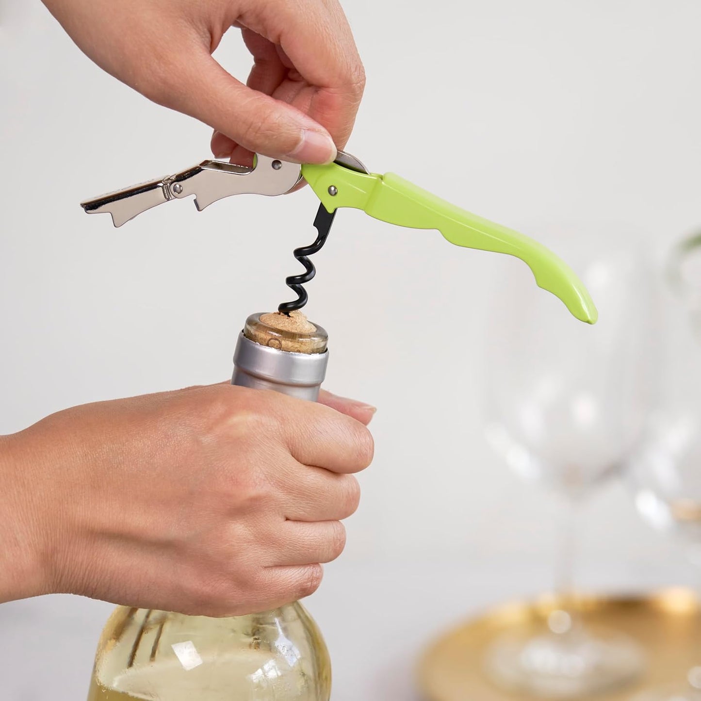 True Brands TrueTap Double Hinged Waiters Corkscrew, Top-notch Stainless Steel Opener with Foil Cutter Built to Last Wine Key Lime Green, Set of 1