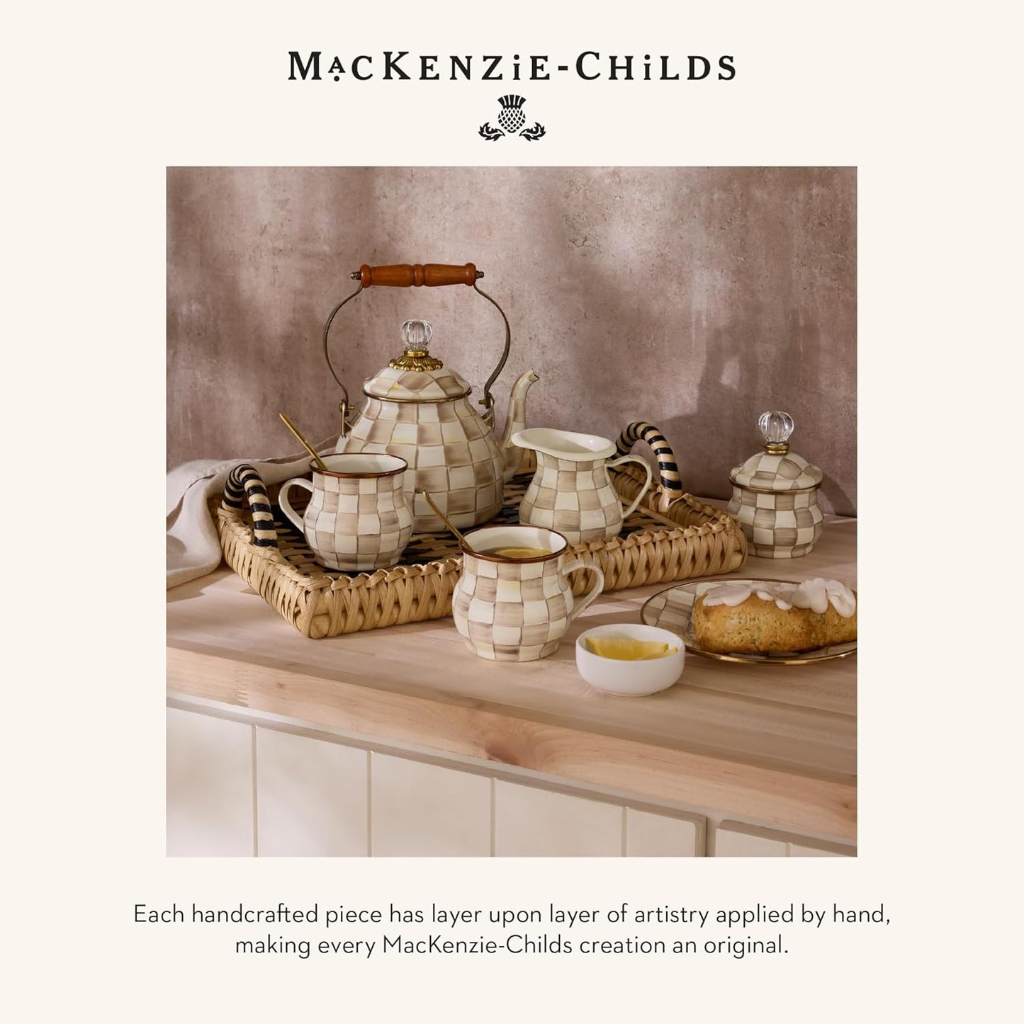MACKENZIE-CHILDS Enamel Serving Platter, Decorative Serving Platter for Food, 16 Inches, Brown-and-White Mocha Check