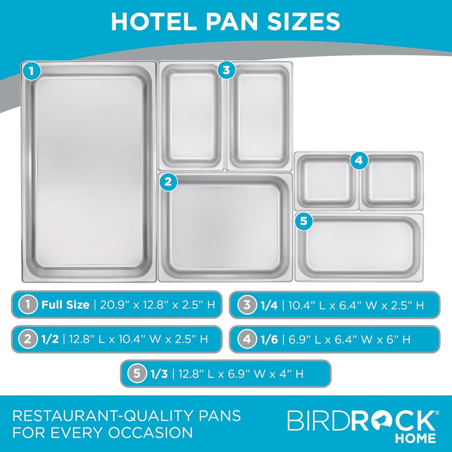 BIRDROCK HOME Stainless Steel Steam Table Pan - Hotel, Restaurant & Catering Supplies - 24 Gauge Steel, 1.8 qt Capacity - Meal Prep, Cooking, & Food Storage Container - 4" Depth, 1/6-Size (6 Pack)