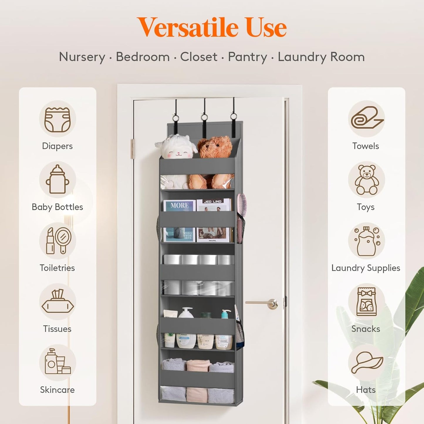 Lifewit 6 Packs Over the Door Organizer, 5 Shelf Clear Window Hanging Storage with 4 Mesh Side Pockets, Anti Tilt 40 lbs Load Behind Door for Pantry, Nursery, Bathroom, Bedroom, Kitchen, Dorm, Grey