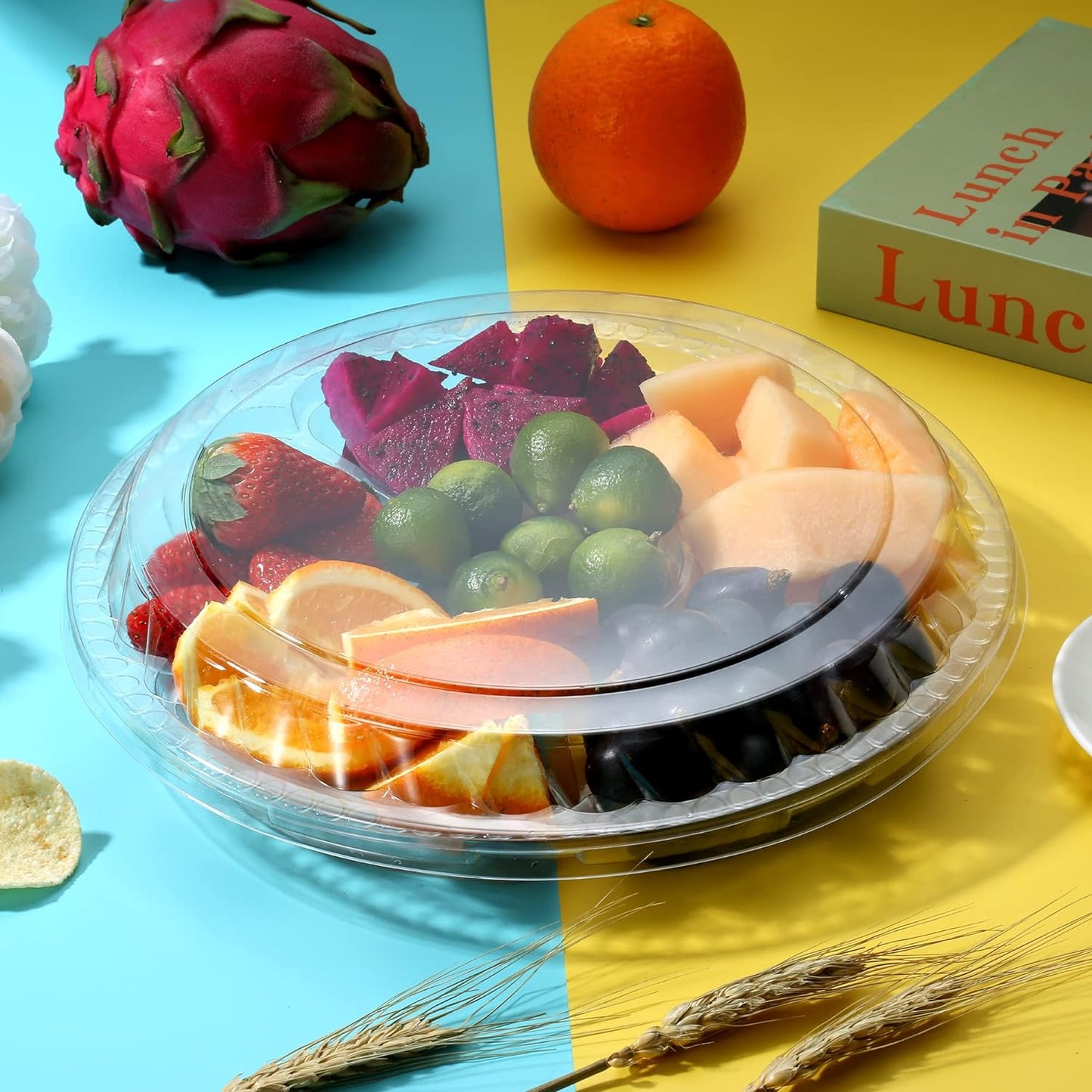 12 Pack Round Plastic Veggie Tray with Lid Fruit Tray 6 Divided Compartment Container Food Serving Dip Platter Reusable Catering Trays for Veggie Fruit Snack Party and Buffet Trays(Clear,10inch)
