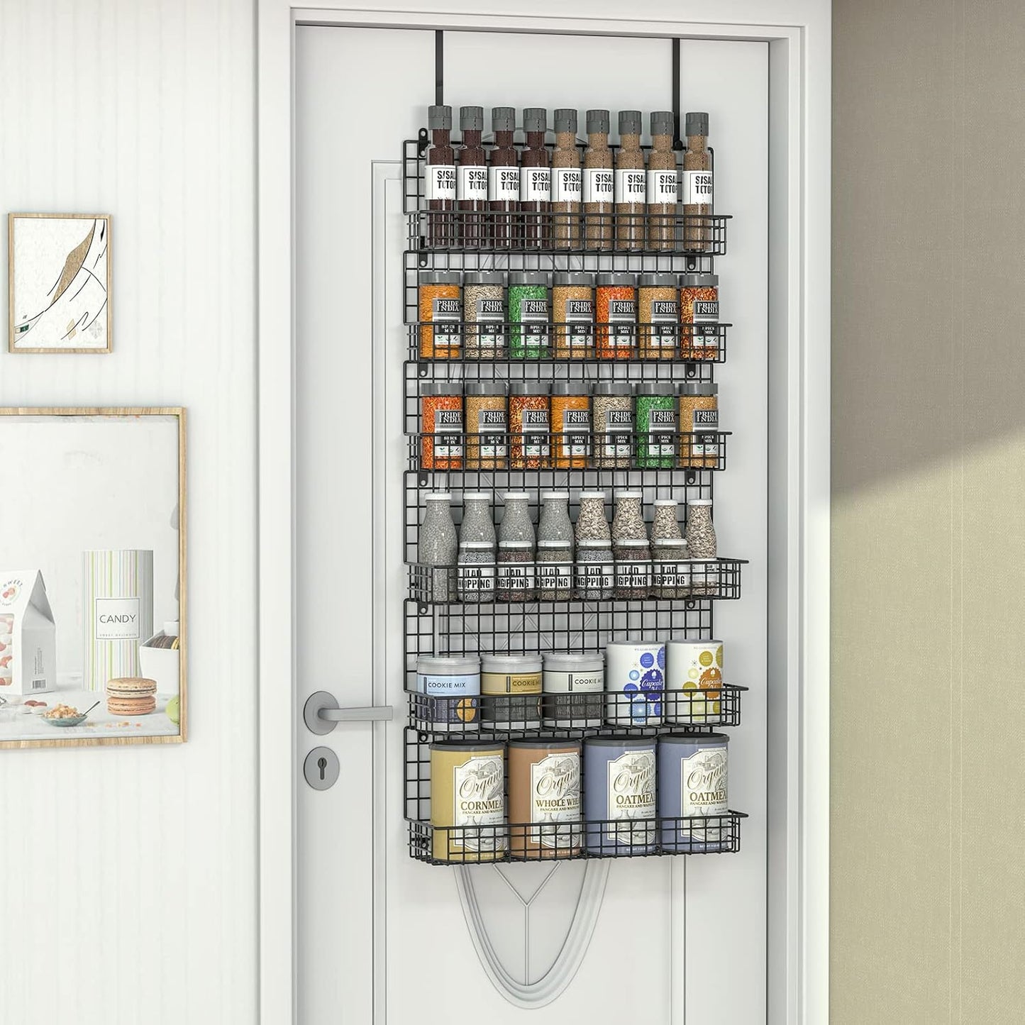 JKsmart 6-Tier Spice Rack Organizer with Door Hook, Wall Mounted & Over the Door Spice Racks for Kitchen Pantry Door Cabinet, Two Size, Large Capacity, Black