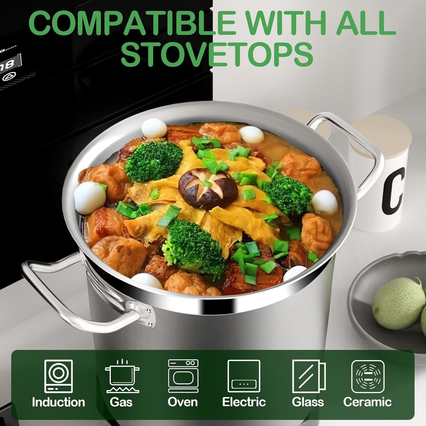 Extra-Large Stainless Steel Stock Pot – Commercial Heavy Duty Soup Pot with Lid, 3-Ply Base for Fast Heating, Ideal for Seafood Boils and Outdoor Cooking - 100 Quart