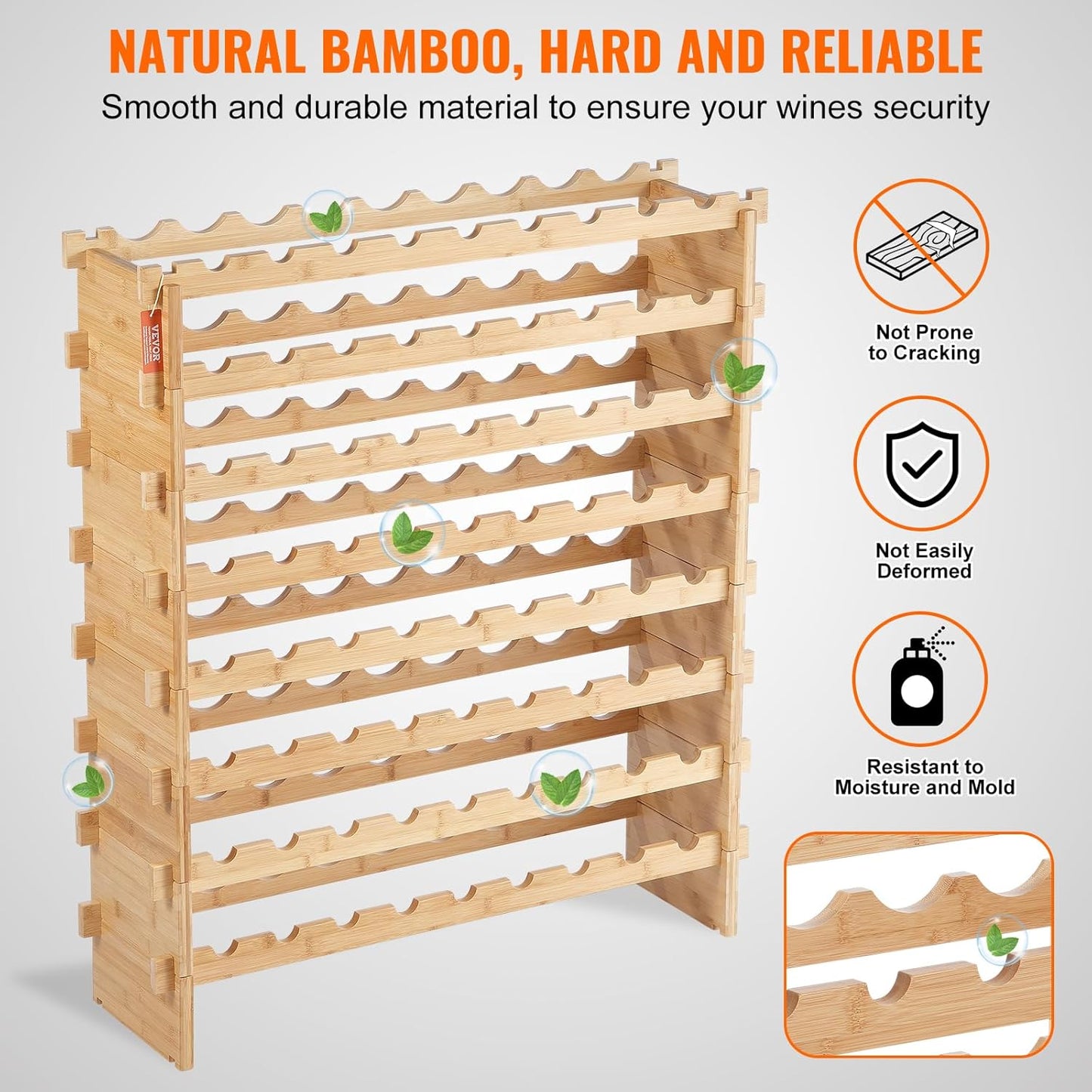 VEVOR 72 Bottle Upgrade Modular Wine Rack, Continuously Store Pinot Bottles, 8-Tier Bamboo Wood Storage Rack, Floor Freestanding Wines Holder Display Shelf, Wobble-Free Shelves for Kitchen Bar Cellar