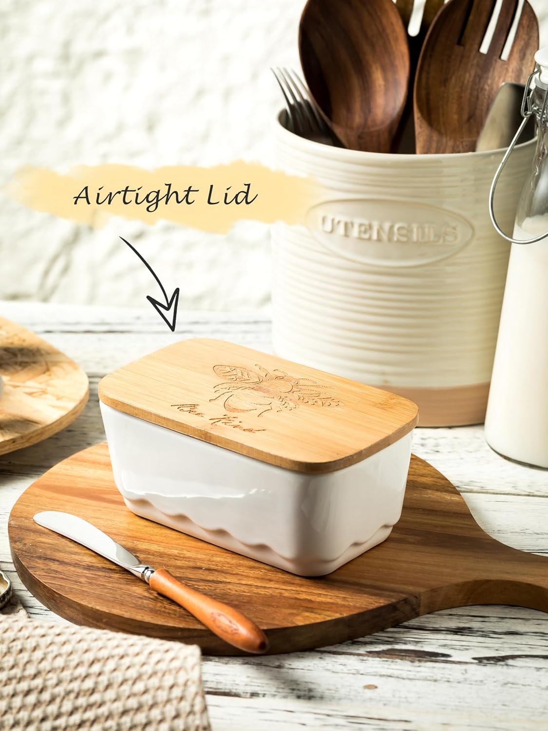 Covered Butter Dish for Countertop, Ceramic Butter Dish with Wooden Lid Airtight Butter Holder Container, Vintage HoneyBee Kitchen Decor, White