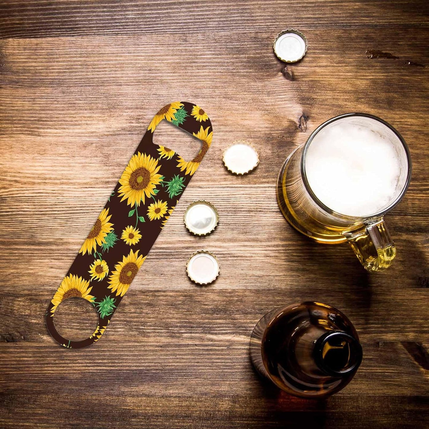 Watercolor Sunflowers Stainless Steel Bottle Opener Flowers Buds and Leaf Floral Plant Vintage Style Flat Beer Bottle Opener Keychain for Home Kitchen Bar Restaurant Party Birthday Gift