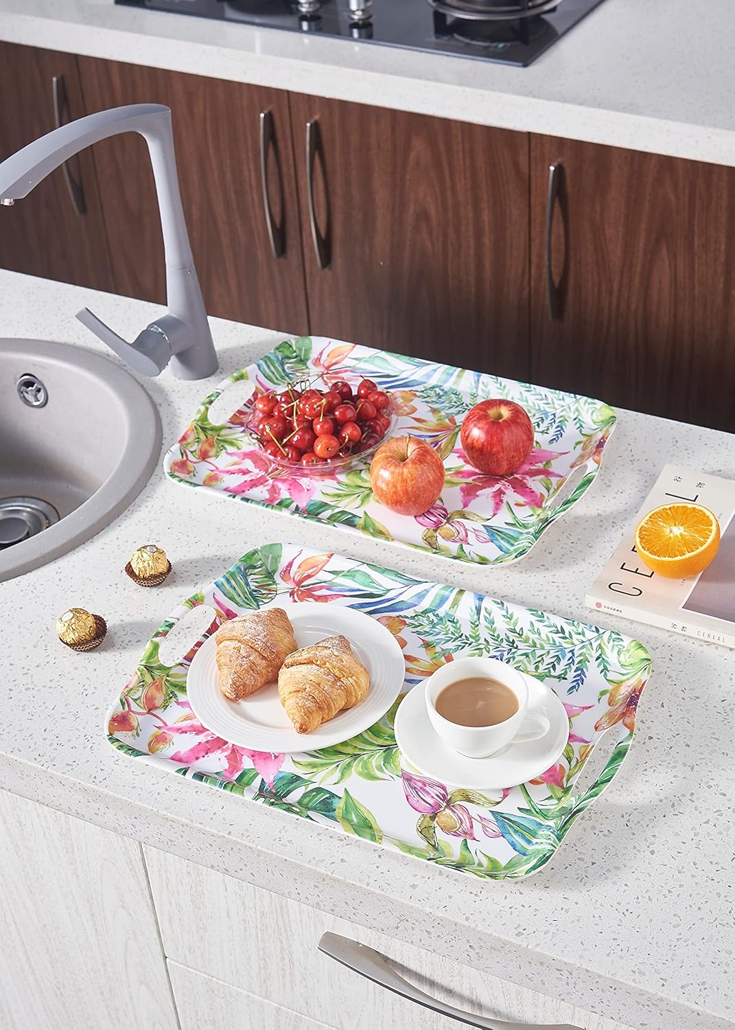 Blue Boat 16.5" x 11.5" Rectangular Serving Trays Set of 2 Floral, Light Weight Easy to Clean Sturdy Stackable Melamine Serving Tray with Handle, Fruit, Snacks, and Desserts Trays
