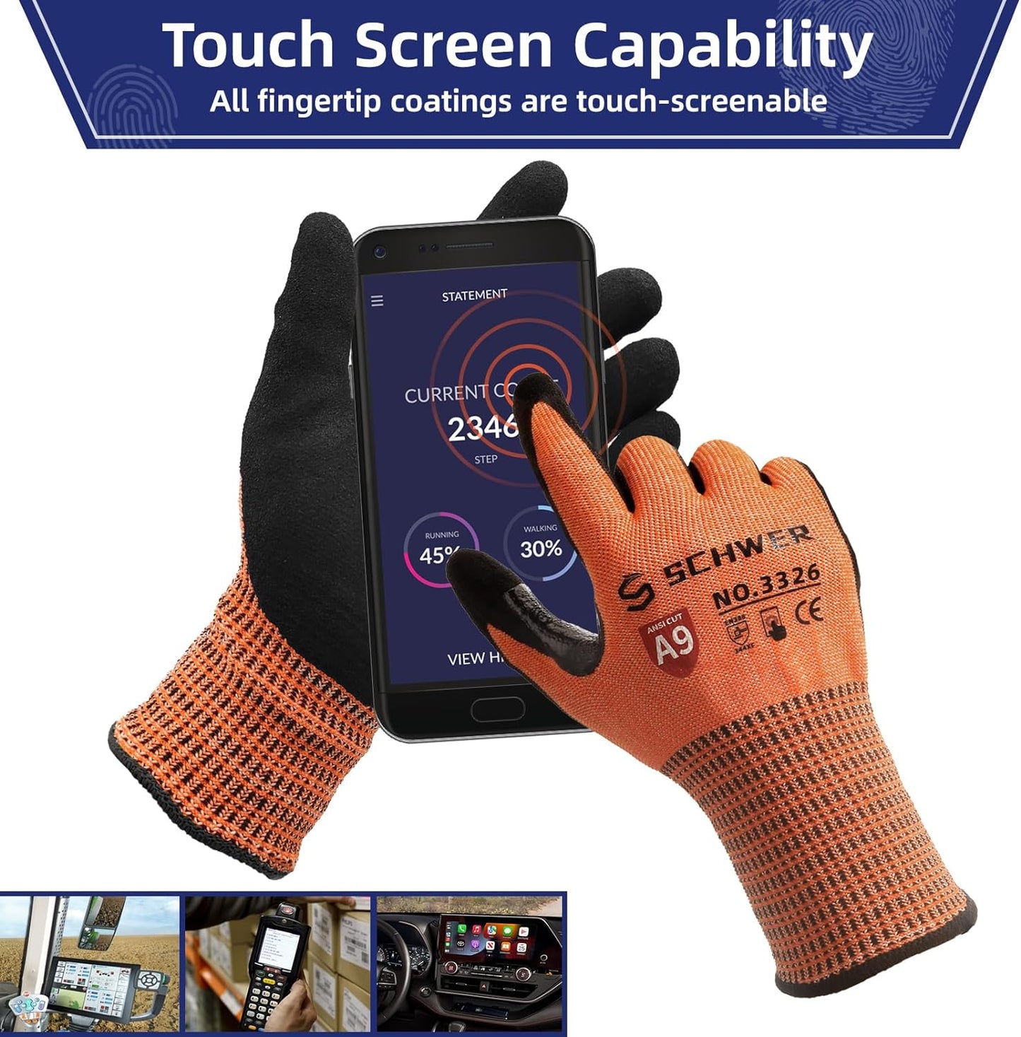 Schwer ProGuard Highest Level Cut Resistant Work Gloves PR3326 for Extreme Protection,ANSI A9 Cut Gloves with Reinforced Thumb, Non Slip, Breathable, Durable, Touch-screen, NON PFAS, Orange 1 Pair XL
