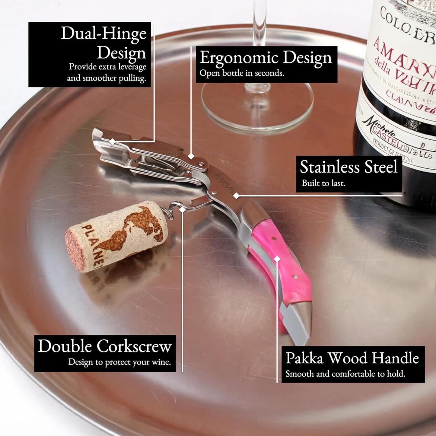 Barvivo Wine Opener with Foil Cutter and Cap Remover - Double Hinged Corkscrew for Bartenders - Stainless Steel Wine Key for Easy Bottle Opening - Manual Wine Bottle Opener - Pink Resin, 4.7x1.2-Inch