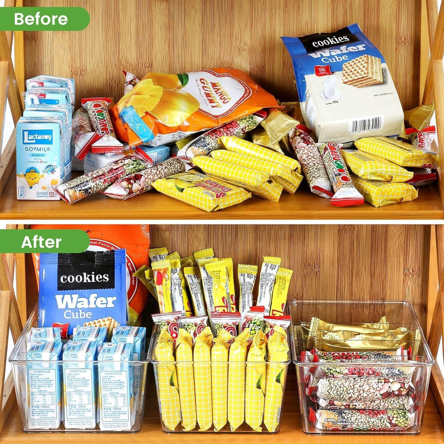 wilfox Pantry Organizer, 7 Pack Clear Organizer Bins with Removable Dividers, Pantry Organizers and Storage, Fridge Organizer and Cabinet Organizer for Snack, Pouches, Spice Packets