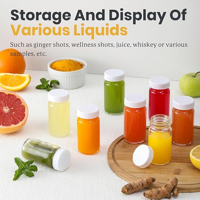 LANDNEOO 15 Pack 2 oz Glass Shot Bottles w/White Lids & 15 Labels - Small Clear Jar for Ginger, Wellness Shot, Juice, Sample, Whiskey - Travel Mini Bottles - Wide Mouth, Leakproof, Dishwasher Safe