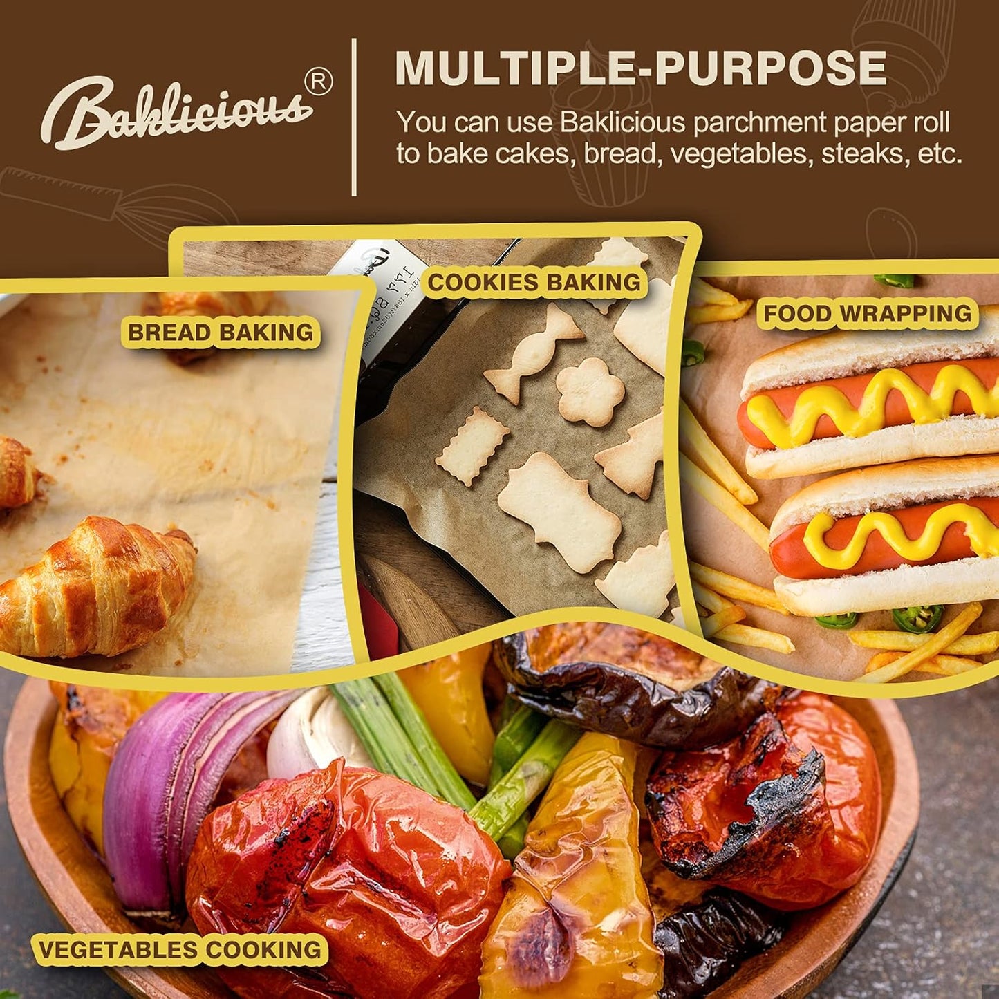 Unbleached Parchment Paper Roll for Baking, 13 in x 242 Ft, 249 Sq.Ft, Baklicious Non-stick Baking Parchment Paper for Baking, Cookies, Bread, Oven, Air Fryer, Steamer, Baking paper