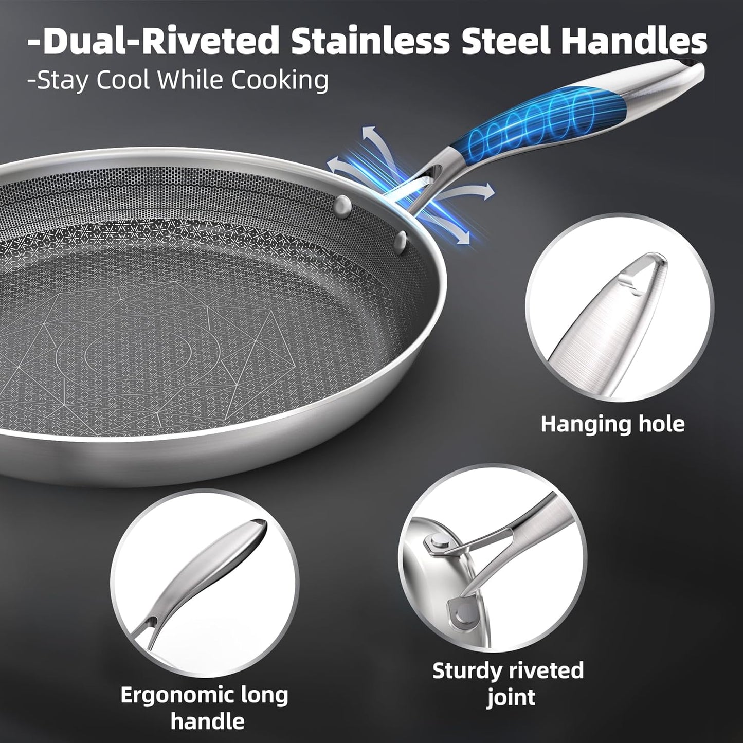COOKING KING 8-Inch Stainless Steel Pan, Hybrid Nonstick Frying Pan, Skillet, 3-Ply Clad Cookware, Even Heat Distribution, Dishwasher & Oven Safe, with Stay-Cool Handle, Induction Compatible