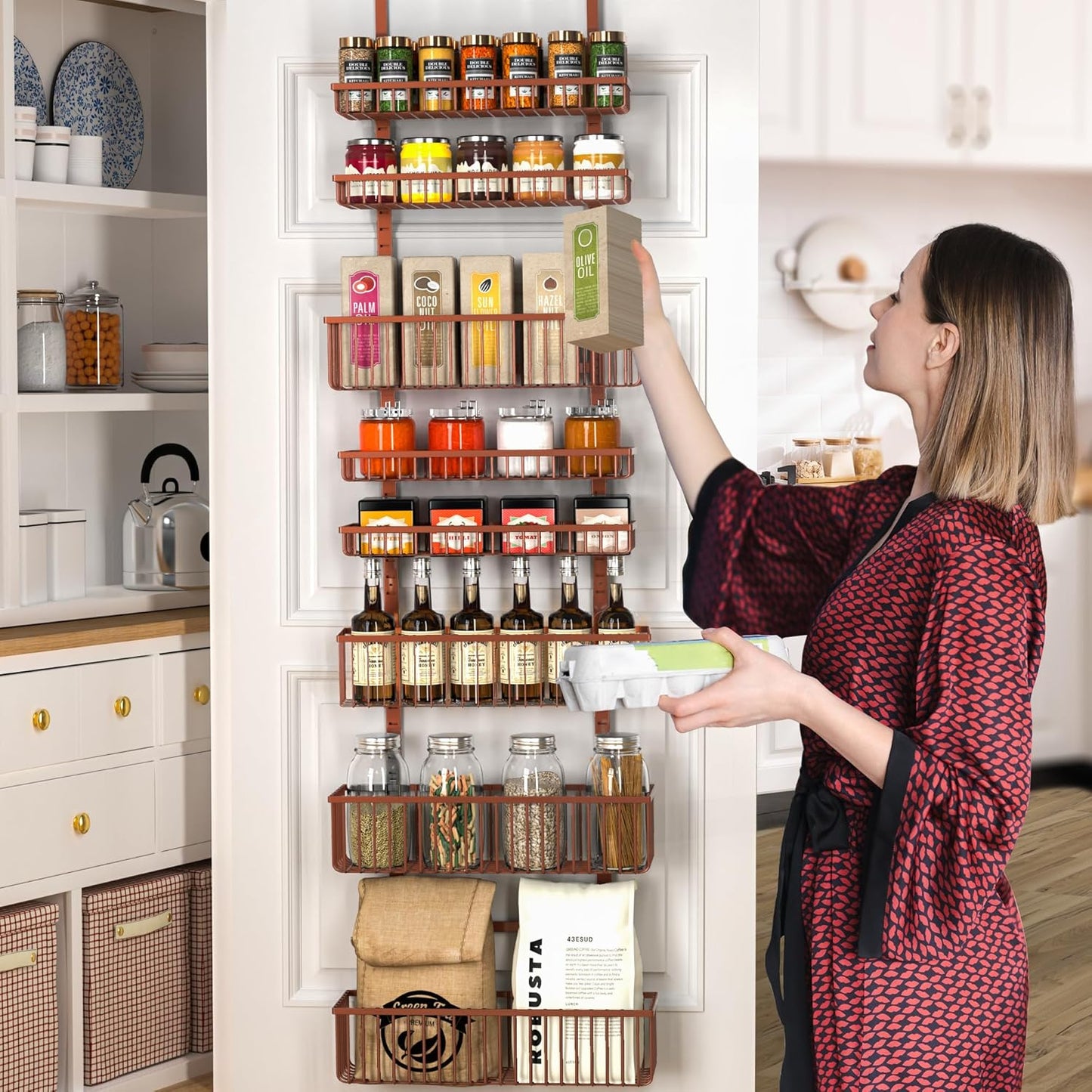 Moforoco Over The Door Pantry Organizer, Pantry Door Organizer Shelves, Kitchen Organizers and Storage, Hanging Basket Wall Spice Rack Seasoning Shelves, Laundry Room Bathroom accessories(Brown )
