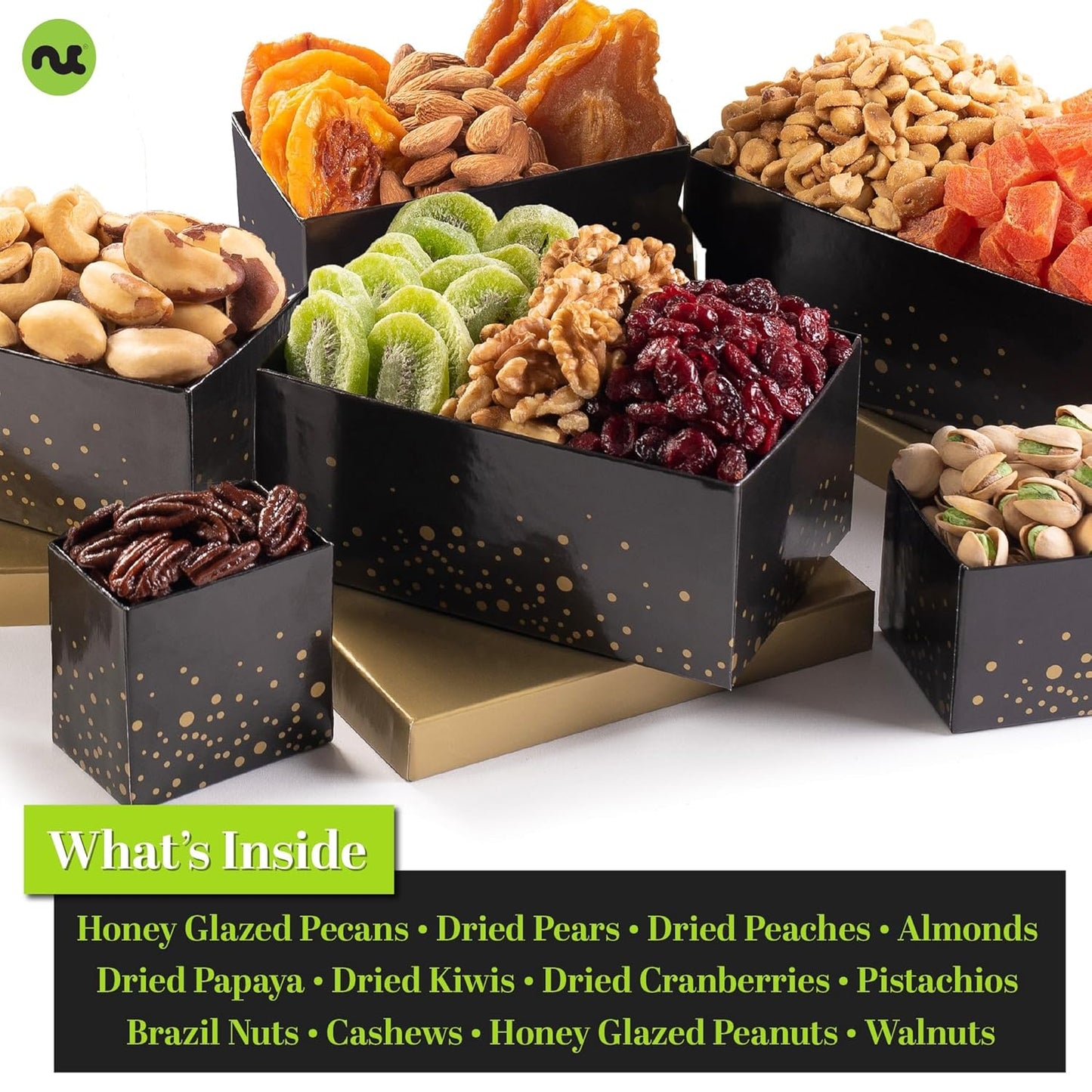 NUT CRAVINGS Gourmet Collection - Get Well Soon, Nuts & Dried Fruits Tower Gift Basket with Get Well Soon Ribbon (12 Assortments) Food Arrangement, Healthy Snack Care Package, Food Assortments