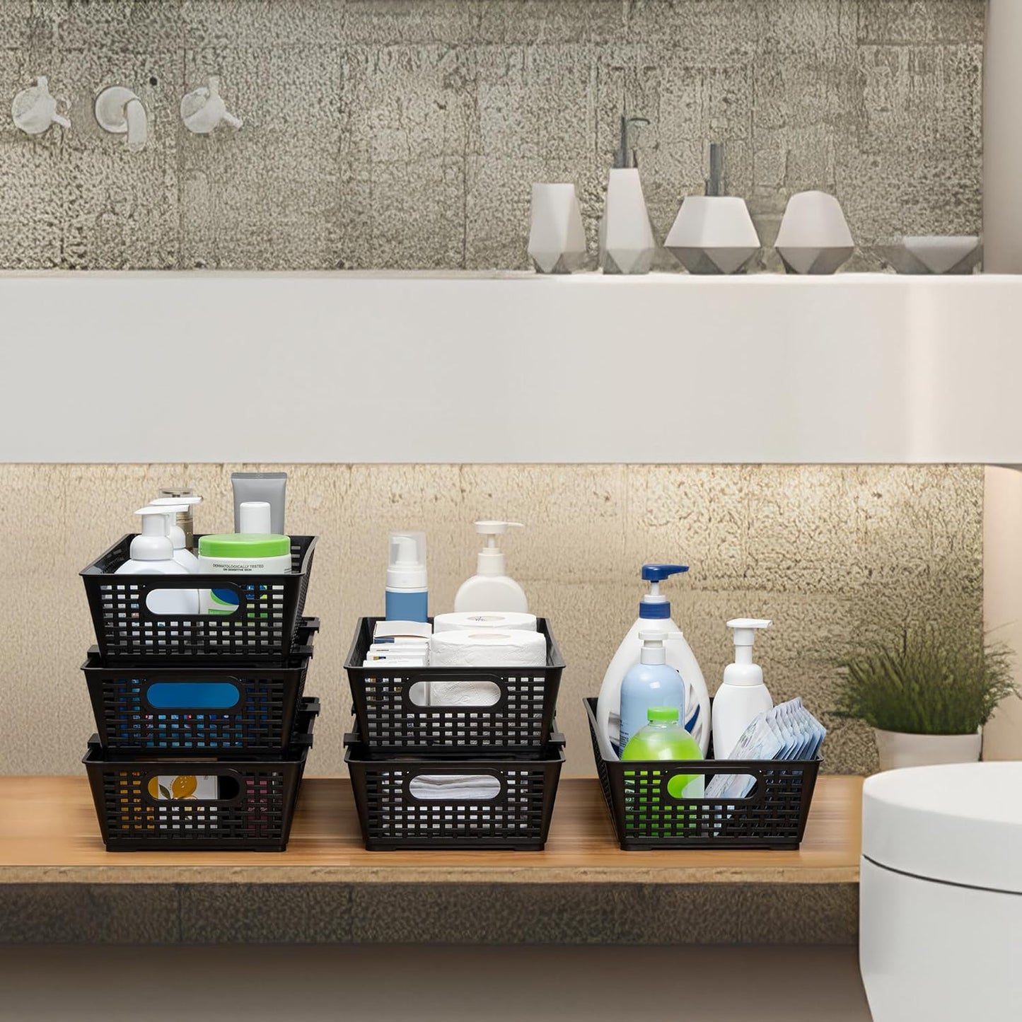 Stackable Woven Plastic Basket, Storage Bins for Cabinet, Closet, Shelf, Under Sink and Countertop, Pantry Organizer Bins, 6 Pack