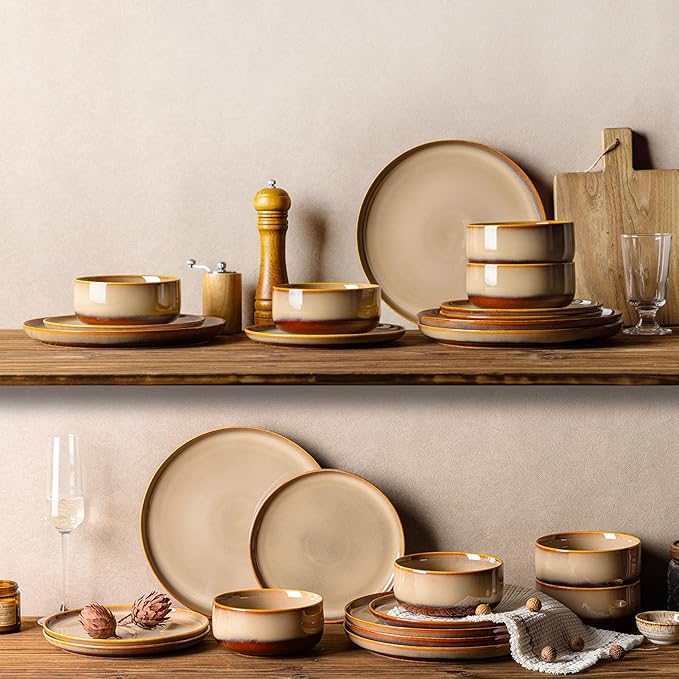 TheTerra Ceramic Dinnerware Sets for 4, 12 Pieces Handmade Reactive Glaze Plates and Bowls Set, Scratch Resistant Dish Set, Oven & Microwave & Dishwasher Safe, Creamy Amber