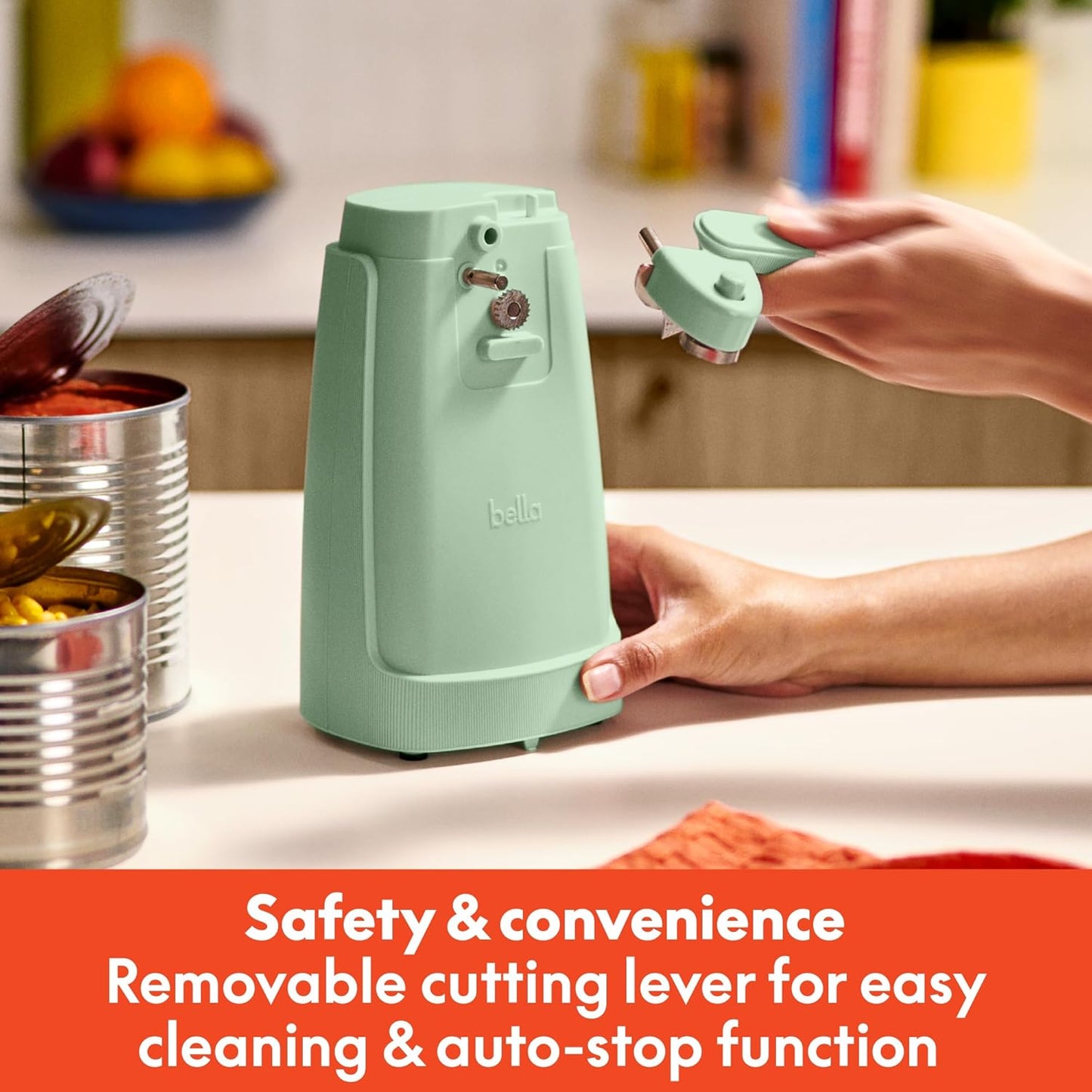 bella Electric Can Opener and Knife Sharpener, Multifunctional Jar and Bottle Opener with Removable Cutting Lever and Cord Storage, Stainless Steel Blade, Seaglass