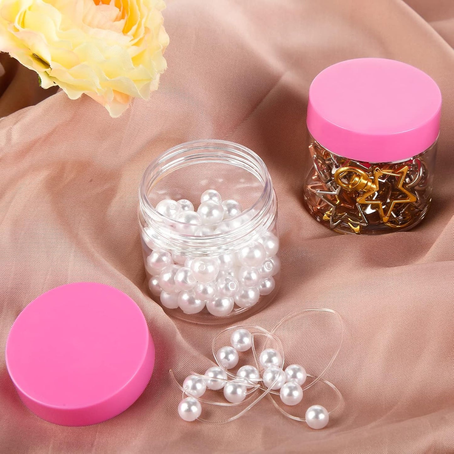 SATINIOR 6 Pack 2 oz Plastic Jars Containers with Lids Wide-mouth Refillable Leakproof Reusable Round Empty Jars for Travel Cosmetic Dry Food Spice Candy Cookie Home Kitchen Organizing(Pink)