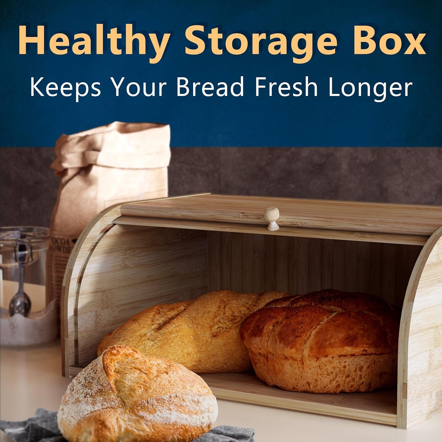 Bamboo Bread Box Space Saving Rustic Roll-Top Bread Bin for Countertop - Store Bread Cake and Baked Goods - 15 x 9.8 inches (Sliding door)