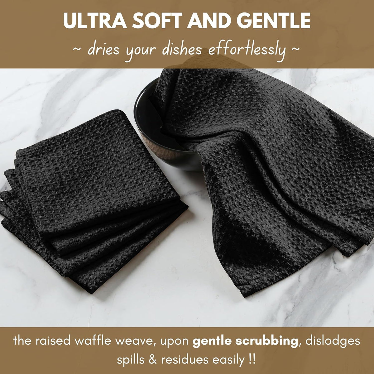 Native Fab Cotton Kitchen Towel with Hanging Loop 16x26 inches, 6-Pack, Waffle Weave Kitchen Towels for Cleaning Drying, Washcloths Soft & Absorbent Cloth Rags, Bar Towel, Dish Cloth, Black