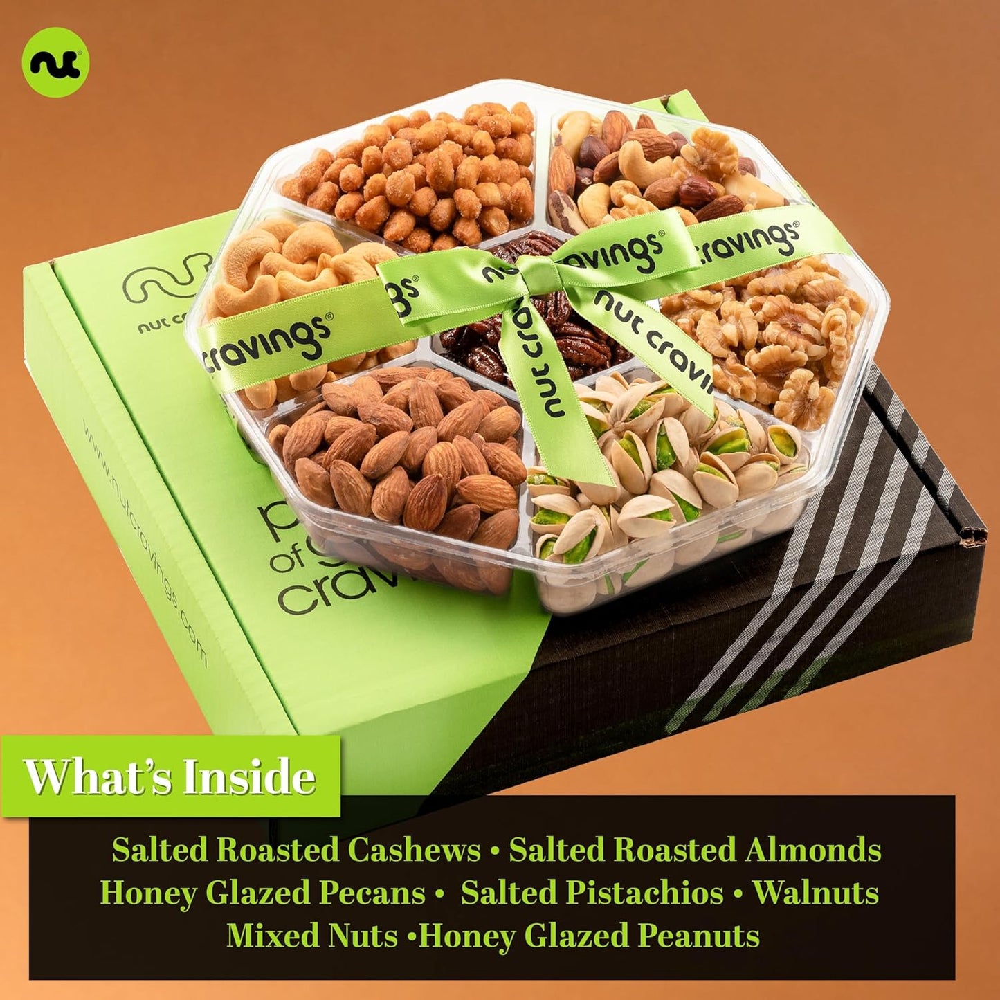 NUT CRAVINGS - Mixed Nuts Gift Basket + Green Ribbon (7 Assortments, 1 LB) Food Arrangement, Healthy Snack Care Package, Food Assortments