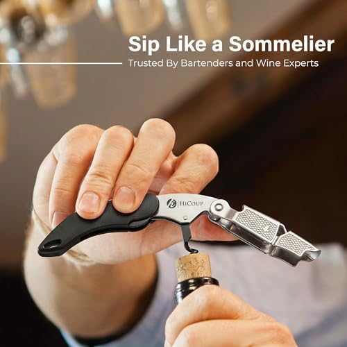 HiCoup Wine Opener - Professional Corkscrews for Wine Bottles w/Foil Cutter and Cap Remover - Manual Wine Key for Servers, Waiters, Bartenders and Home Use - Classic Black