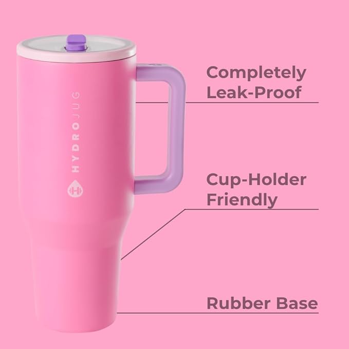 HydroJug Traveler - 32 oz Water Bottle with Handle & Flip Straw - Fits in Cup Holder, Leak Resistant Tumbler-Reusable Insulated Stainless Steel & Rubber Base - Gifts for Women & Men, Pink Sugar