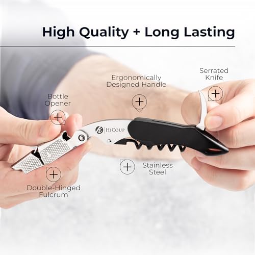 HiCoup Wine Opener - Professional Corkscrews for Wine Bottles w/Foil Cutter and Cap Remover - Manual Wine Key for Servers, Waiters, Bartenders and Home Use - Classic Black