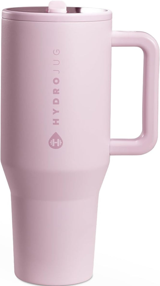 HydroJug Traveler - 40 oz Water Bottle with Handle & Flip Straw - Fits in Cup Holder, Leak Resistant Tumbler-Reusable Insulated Stainless Steel & Rubber Base - Gifts for Women & Men, Sweet Pea